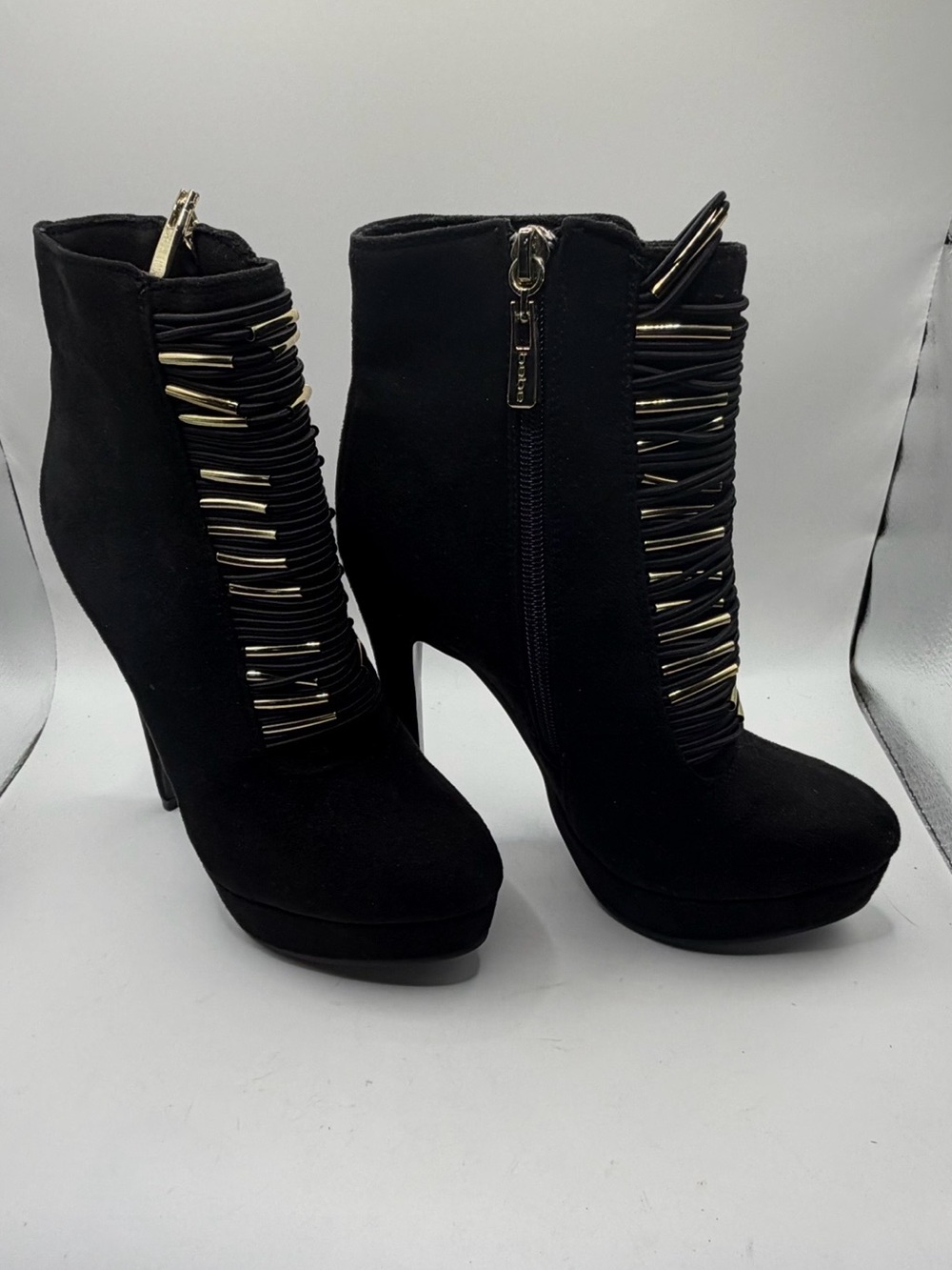 NWOT Bebe Black Ankle Booties with Gold Accent Hardware - Women's Size 5